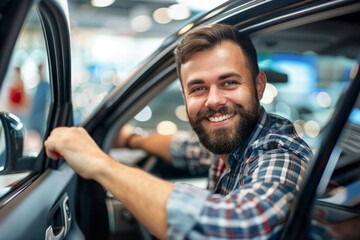 A man with a beard. The car is parked in a showroom. happy fun man customer male buyer client wearing shirt open door get into black car choose auto in showroom. Sales concept photography - obrazy, fototapety, plakaty