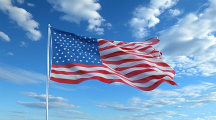 Fototapeta premium An American flag waving in the clear blue sky