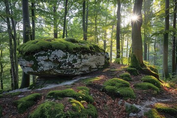 A Sunny Day in the Forest A Rocky Pathway with Moss and Sunlight Generative AI