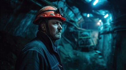Obraz premium Worker in hard hat standing in the mine