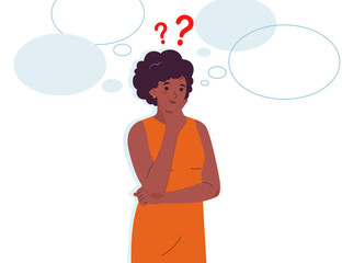 Beautiful african american woman thinks. Woman with question marks and with blank speech bubbles. Concept of thinking,  considered gesture. 