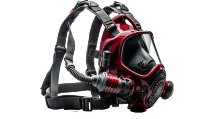 A red gas mask with a attached breathing device