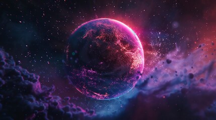 Unknown planet, space background, neon effect. - obrazy, fototapety, plakaty