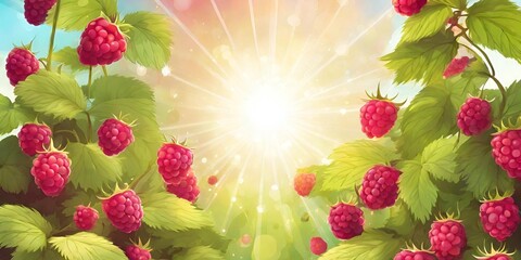 abstract background, magical summer garden, juicy raspberry berries, bright colors,sun rays - obrazy, fototapety, plakaty