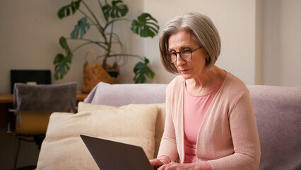 Mature old 60s woman student working at home using laptop technology device sitting on couch at home