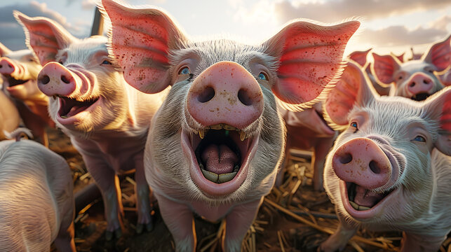 A group of pigs are standing in a field and one of them is making a funny face. The other pigs are looking at it and seem to be laughing. The scene is lighthearted and playful.