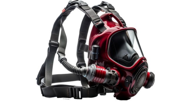 A red gas mask with a attached breathing device