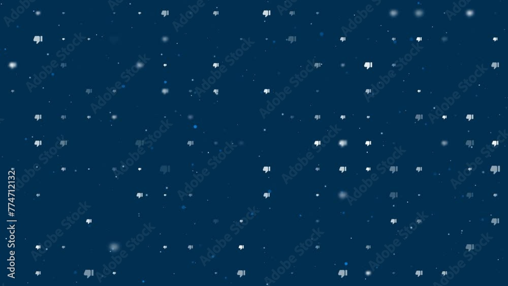 Poster template animation of evenly spaced thumb down symbols of different sizes and opacity. animation of 