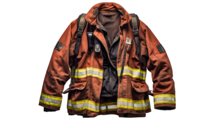 A vibrant firemans jacket displayed against a stark white backdrop