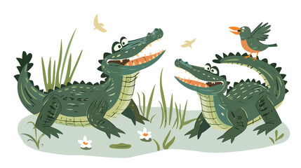 Two Crocodiles and a Bird Illustration flat vector 
