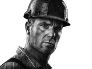 A black and white portrait of the young male worker with helmet on the head , hard working.