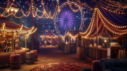 An elegant carnival scene celebrating a birthday, with a vintage Ferris wheel, booths draped in fairy lights, and a sophisticated cocktail bar, all captured in crisp ultra HD detail.