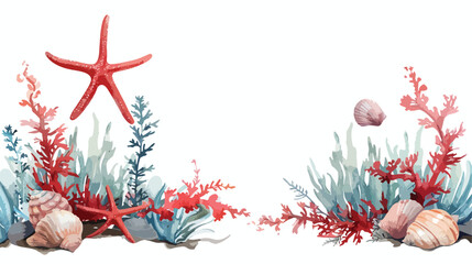 Underwater corner composition of seaweeds red starfish - obrazy, fototapety, plakaty