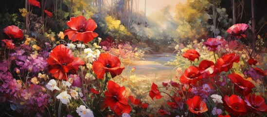 Vibrant painting depicting a beautiful field filled with blooming red poppies and assorted flowers in various shades and sizes - obrazy, fototapety, plakaty