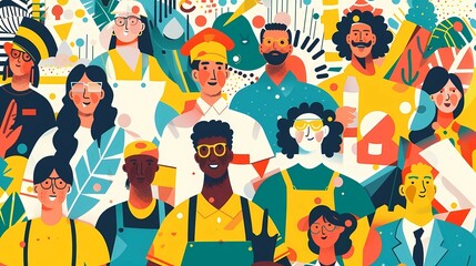 Colorful illustration for May 1st Labor Day, a large advertising banner with a group of people from different professions - obrazy, fototapety, plakaty