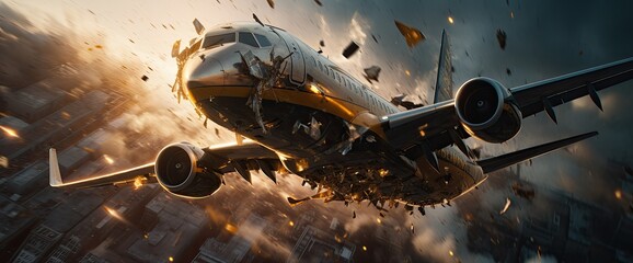 Amidst a flurry of explosions and sparks, the airplane undergoes a catastrophic disintegration during its flight, sending debris scattering in every direction. - obrazy, fototapety, plakaty