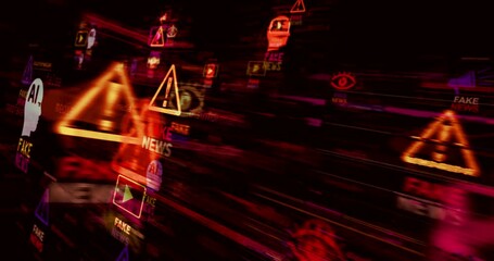 Fake news hoax and disinformation symbol technology loop concept. Abstract sign on glitch screens seamless and looped.