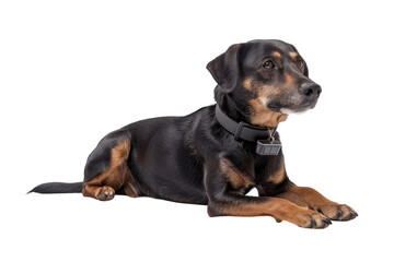 Black and Brown Dog Laying Down on White Background