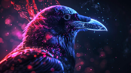 Black raven, abstract neon background. - obrazy, fototapety, plakaty