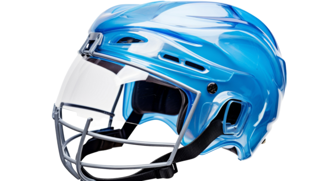 Blue and white helmet resting on a clean white background