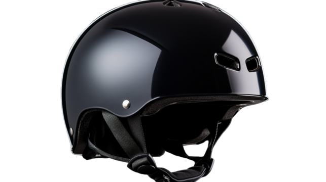 A sleek black motorcycle helmet rests on a pristine white background