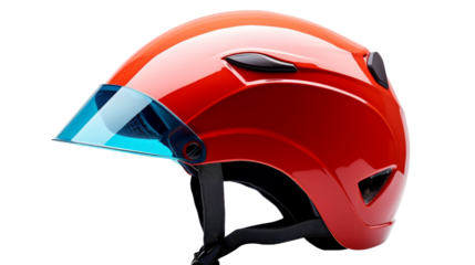 A red helmet with a clear visor, reflecting light and ready for action