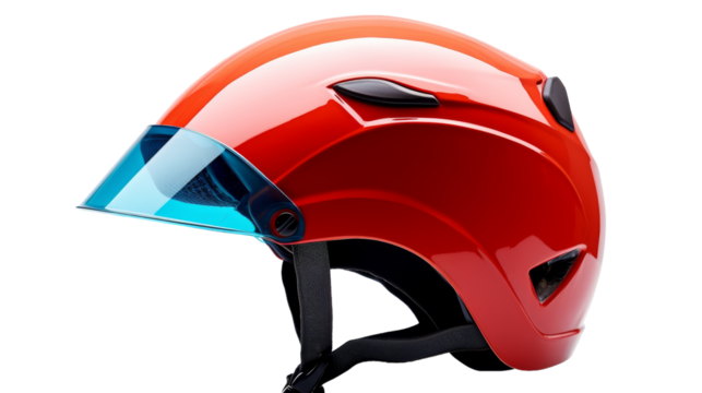 A red helmet with a clear visor, reflecting light and ready for action