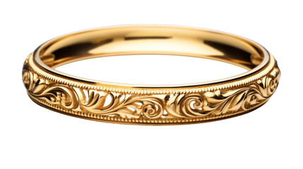 A radiant gold wedding ring rests on a pristine white background