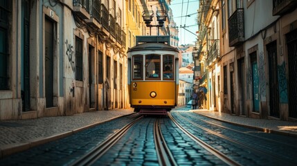 Romantic Lisbon street with the typical yellow tram and Lisbon Cathedral on the background