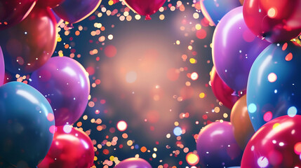 A whimsical happy birthday background with a blend of floating balloons and fairy lights, creating a magical atmosphere around a central copyspace. - obrazy, fototapety, plakaty