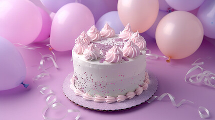 A whimsical fairy-tale inspired birthday cake with pastel fondant and edible glitter, surrounded by light pink and lavender balloons on a solid lilac background.