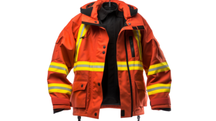 A firefighters jacket in vibrant red, symbolizing heroism and protection, placed on a clean white background