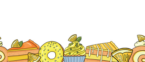 Horizontal Seamless Border Pattern with Lemon Cake, Donut, Roll and Cupcake. Background with Bakery Sweets.