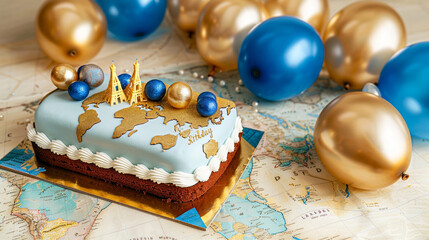 A vintage travel themed birthday cake with world map icing and edible landmarks, next to blue and gold balloons on a solid vintage map background.