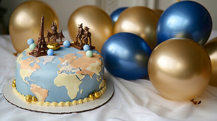 A vintage travel themed birthday cake with world map icing and edible landmarks, next to blue and gold balloons on a solid vintage map background. - obrazy, fototapety, plakaty