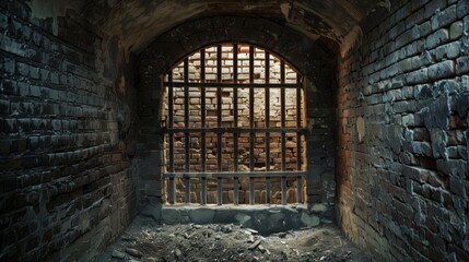 Fototapeta na wymiar レンガと鉄格子の古い監獄 