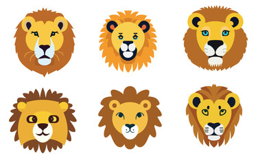Cartoon animal head set featuring  lion, Fun illustration collection of baby animals in vector