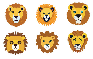 Obraz premium Cartoon animal head set featuring lion, Fun illustration collection of baby animals in vector