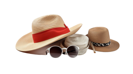 Three stylish hats, fashionable sunglasses, and a decorative ribbon displayed on a pristine white background