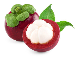 half of tropical mangosteen with green leaves isolated on white background. clipping path