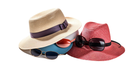 Two hats and sunglasses creatively styled on a white background