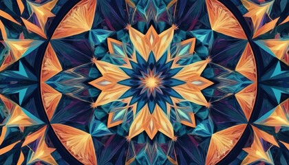 Intricate kaleidoscopic pattern with a star-shaped center, featuring rich blue and orange hues with a symmetrical design. AI Generation