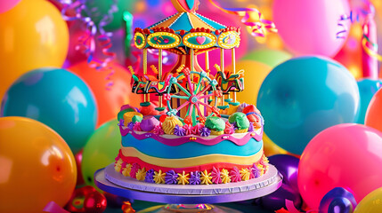 A vibrant carnival at night themed birthday cake with bright colors and edible ferris wheel and carousel, surrounded by neon colored balloons on a solid carnival night background. - obrazy, fototapety, plakaty