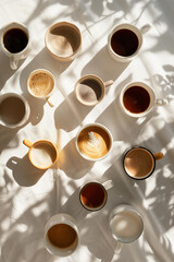 Obraz na płótnie Canvas various cups and mugs with different types of coffee on a white tablecloth, with sunlight and shadows, from a high angle or top view, with a minimalistic composition