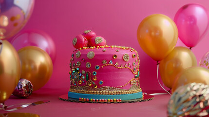 A vibrant Bollywood themed birthday cake with rich colors and edible jewels, accompanied by fuchsia and gold balloons on a solid vibrant magenta background.