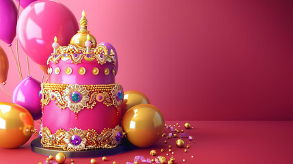 A vibrant Bollywood themed birthday cake with rich colors and edible jewels, accompanied by fuchsia and gold balloons on a solid vibrant magenta background.