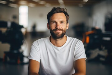 Fototapeta premium Contemporary Comfort: Relaxed 30-Year-Old in Simple White Environment