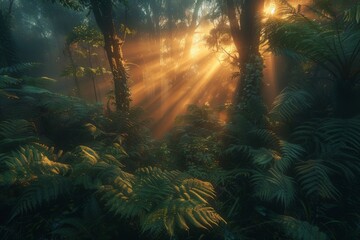 Sun rays piercing through a misty forest, tranquil nature scene, lush greenery, serene morning.soft focus