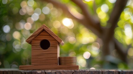 鳥の巣箱とコイン、木漏れ日の背景
