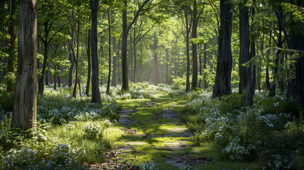 Panoramic view of a forest in spring with sun rays.